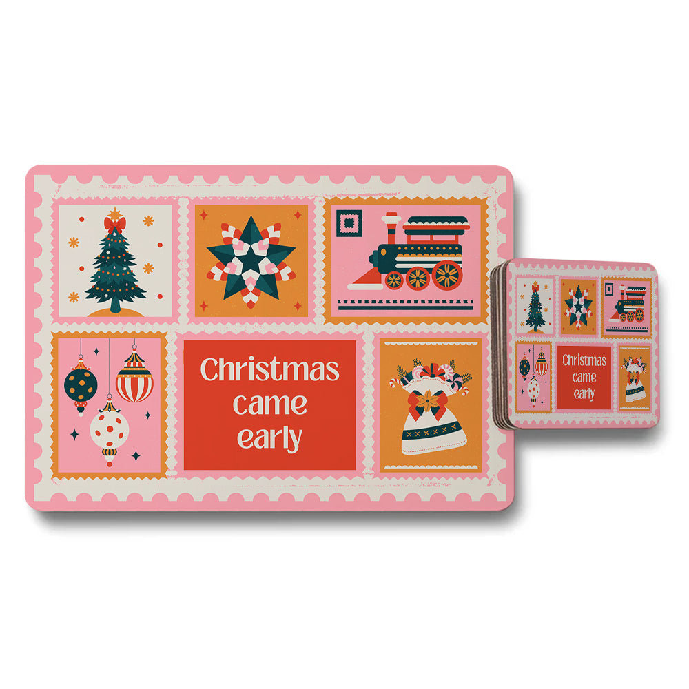Pink Christmas Placemats And Coaster Set With Festive Illustrations