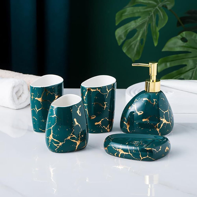 6-Piece Modern Ceramic Bathroom Set: Soap Dispenser, Toothbrush Holder, Tumbler, Tray, Green