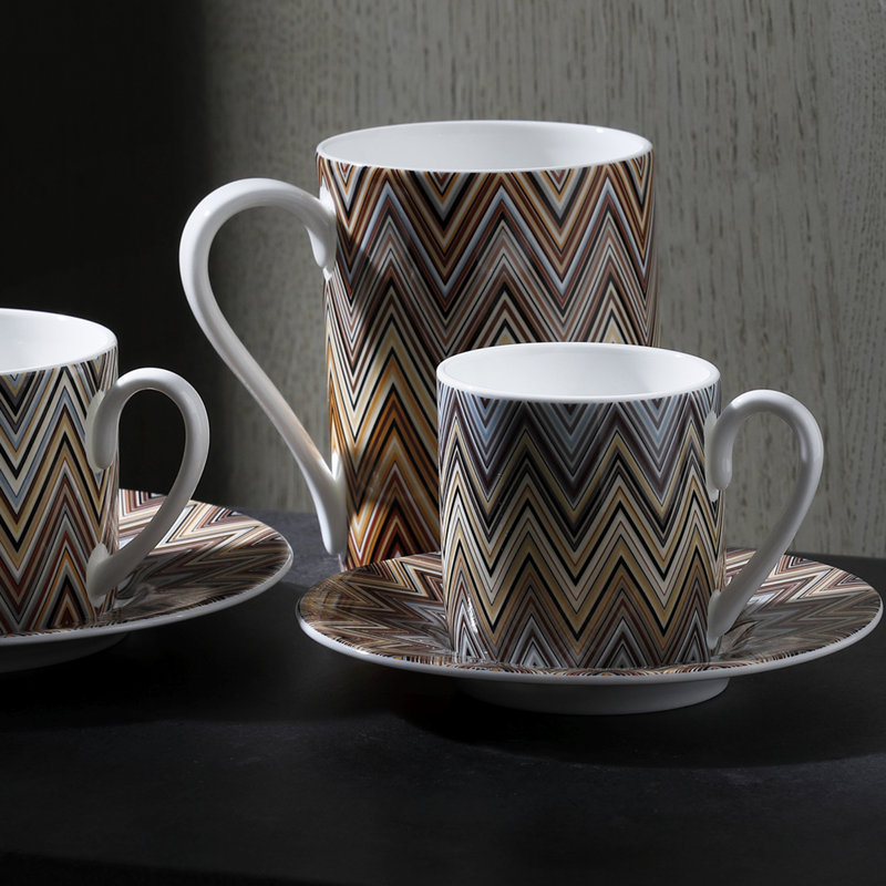 Zig Zag Bone China Coffee Cup, Brown/Blue/Beige