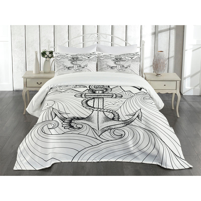 Ambesonne Anchor Bedspread Set Zentangle Ocean Clouds Black and White, 76 cm H x 51 cm W