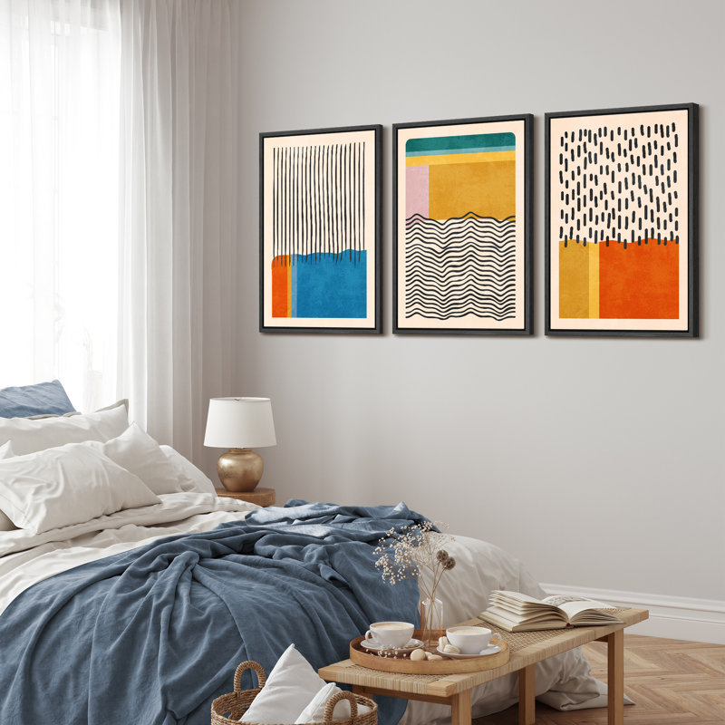 Abstract Vibrant Color Blocks " Mid-century Modern Multicolor Block Colorful Framed Abstract Geometric Canvas Print Wall Art " 3 - Pieces