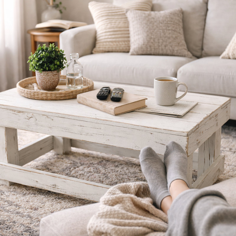 40” Reclaimed Wood Coffee Table – Whitewashed Rustic Farmhouse Table | Solid Wood, Handmade, Fully Assembled, Solid White