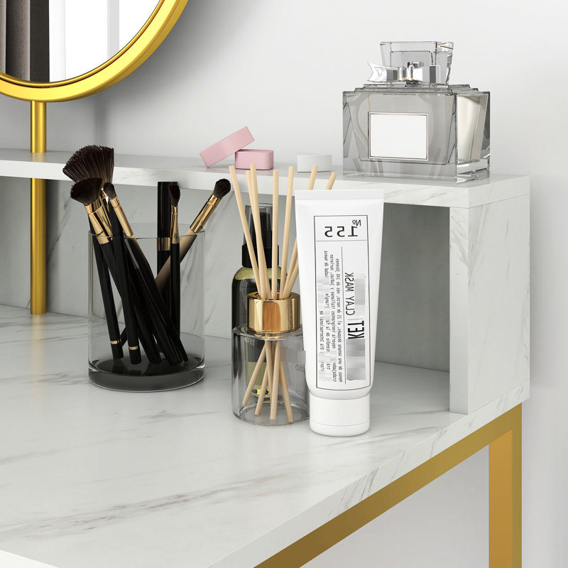 Bureau de maquillage avec miroir moderne, coiffeuse blanche et dorée, plateau de table en faux marbre, robuste pour chambre à coucher