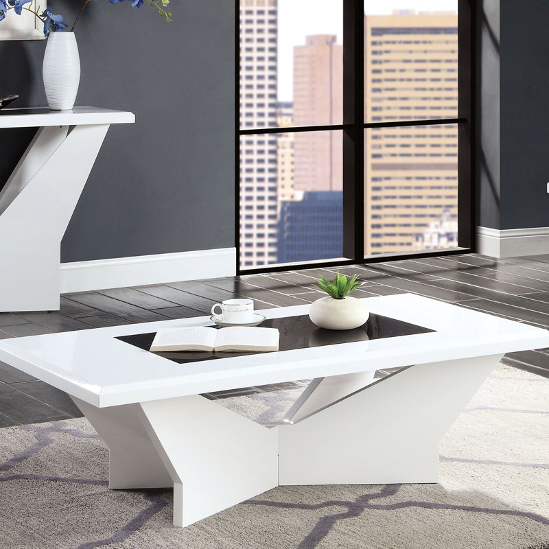 Table basse blanche avec base géométrique contemporaine ultrabrillante et plateau en verre trempé, base longue de 48,58 po de long