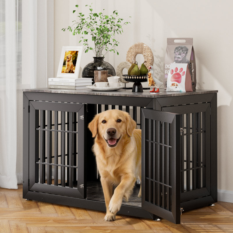 Meuble pour chien robuste de 48 po pour petits, moyens et grands chiens, mobilier d'intérieur rustique en bois pour cage de chenil avec dessus imperméable, table d'appoint décorative pour animal de compagnie (noir et gris)