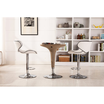 2 White Bar Stools - Base And Cushioned Seats For Outdoor Use Of 2 Adjustable Height, Base, Swivel Seat, Cushion, Contemporary Design