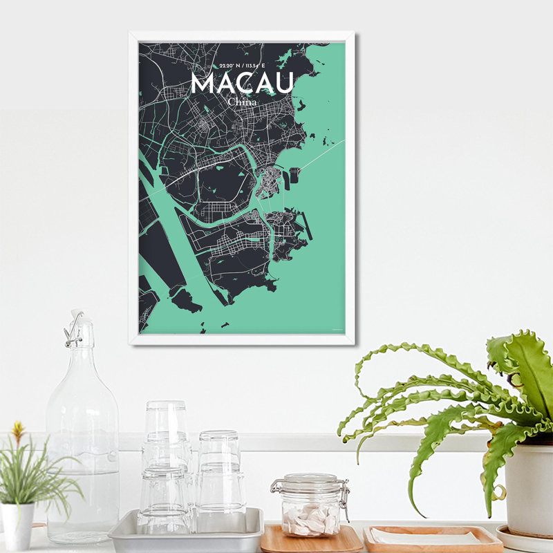 Macau, carte de la ville, impression, Vert/gris, H 27,6 po x l 19,7 po