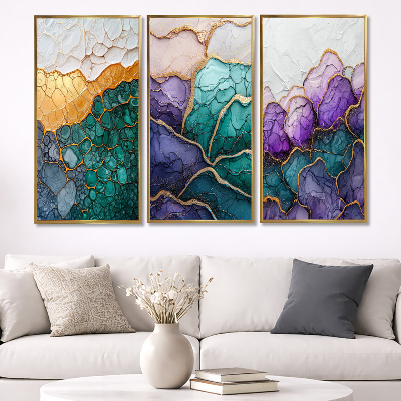 Geode River of Emerald and Agate - Gold Geode, art mural encadré 3 pièces, Cadre flottant doré, H 40 po x l 60 po