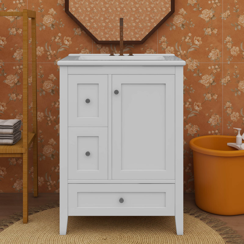 Armoire de salle de bain 24 pouces avec 3 séparateurs amovibles à 3 tiroirs et tablette personnalisable, Blanc
