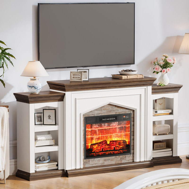 80" Electric Fireplace With Mantel, Fireplace Tv Stand For Tvs Up To 90 Inch, Entertainment Center With Storage, Realistic Stacked Stone Surround For Living Room，white&brown