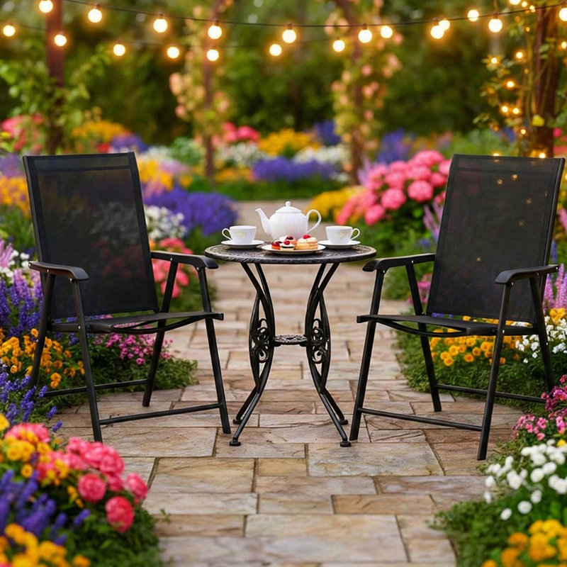 Chaises de patio portatives empilables pour l'extérieur en terrasse - structure en acier avec revêtement thermolaqué, siège en filet respirant, rangement compact confortable et pliable, noir, jardin rouille