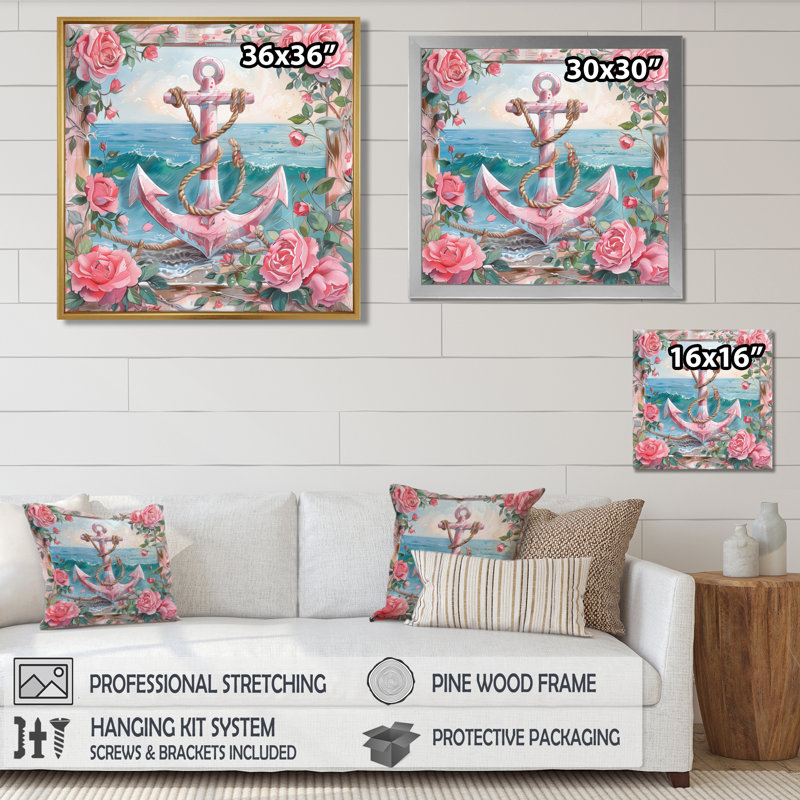 Décoration de bord de mer rose, vert et bord de mer rétro - IV, Toile encadrée noire simple, H 36 po x l 36 po x P 1,5 po