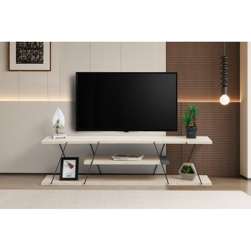 Meuble télé moderne avec fixation murale, travertin et noir, 47,2 po x 13,0 po x 23,6 po | 100% panneau de particules enduit de mélamine et structure en métal, épaisseur: 0,71 pouce | Plusieurs tablettes pour un rangement et une organisation élégants