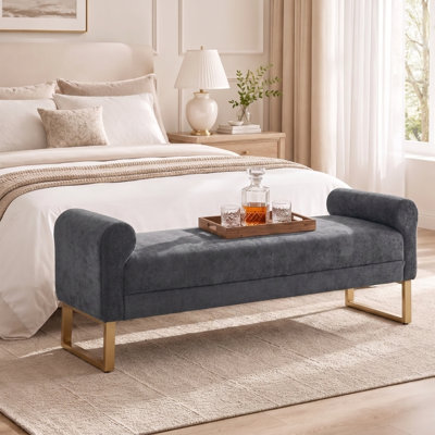 65" Ottoman Bench, Chenille Bench for Bedroom, End of Bed Bench Upholstered and Gold Legs, Bedroom Benches with Arms for Living Room Window and Entryway