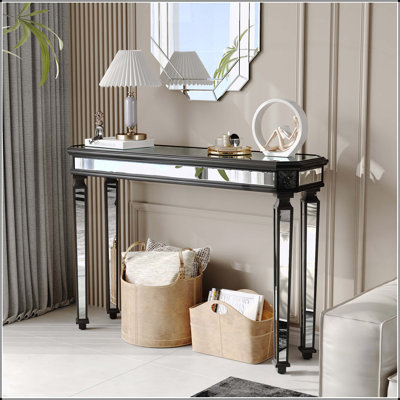 Console rétro vintage à grain de bois sculpté avec miroir noir pour l'entrée, le canapé et le décor du salon