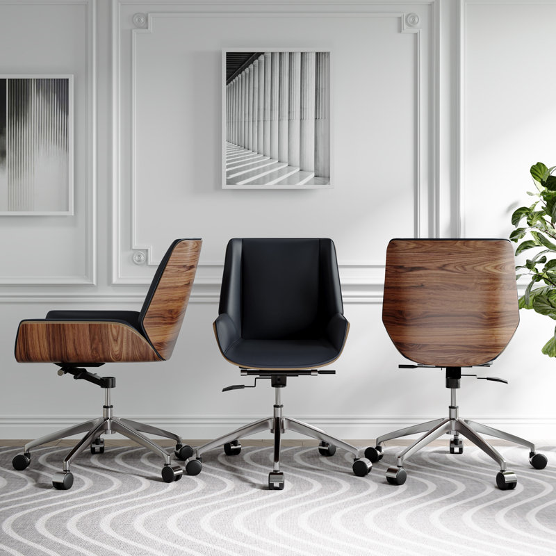 Leather Upholstered Gaming Home Office Chair with Wooden back, Black