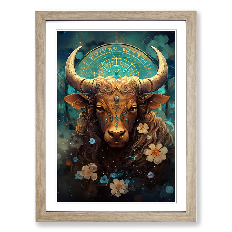 XYZ-FRM-V1223-6122 Taurus Zodiac Tachisme No.2 - Single Picture Frame Print on Wood, 34cm H x 25cm W x 2cm D, Oak 
