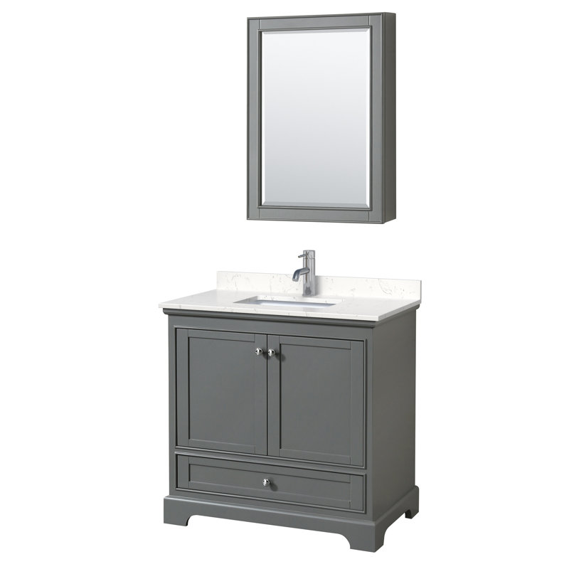 Ensemble de meuble-lavabo simple 36 "avec miroir Deborah, Marbre de culture de Carrare, Gris foncé, Chrome poli