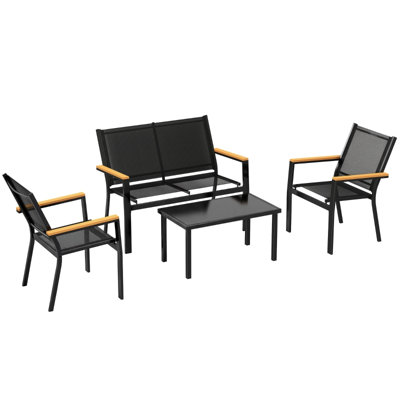 4 Seater Black Metal Garden Sofa Set with Loveseat, 2 Chairs, Tempered Glass Coffee Table and Wide Armrests