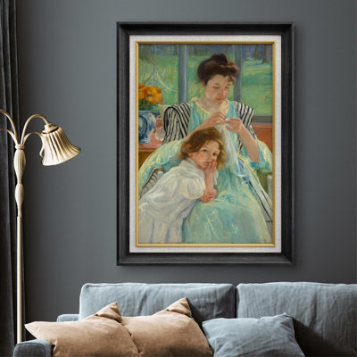 «Young Mother Sewing» par Mary Cassatt - Peinture sur toile à cadre unique