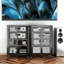 Armoire de rangement haute 35,8 po avec roulettes, meuble télé AV, 4 tablettes réglables en verre, structure en acier robuste, assemblage facile