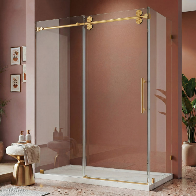 48" W X 33" D X 76" H Sliding Frameless Shower Enclosure With 3/8 Inch Tempered Glass, Brushed Gold, 33"