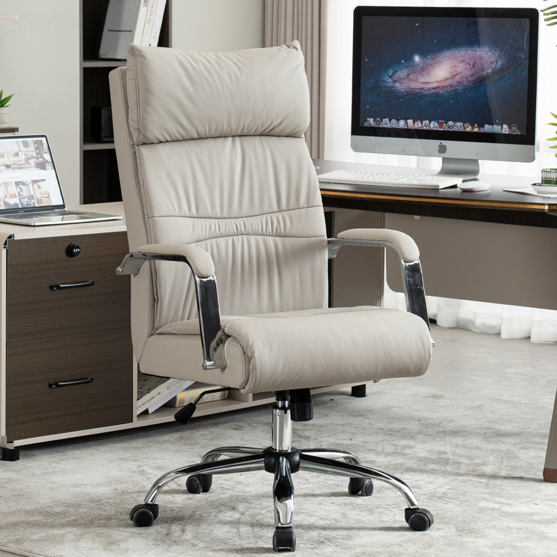 Ergonomic Tufted Faux Leather Executive Office Chair with Padded Armrest, Ivory