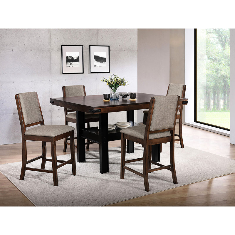 Table de salle à manger à hauteur de comptoir transitionnelle, table rectangulaire en chêne manguier, chaises rembourrées grises, table à manger à finition manguier fixe, partie arrière beige uni