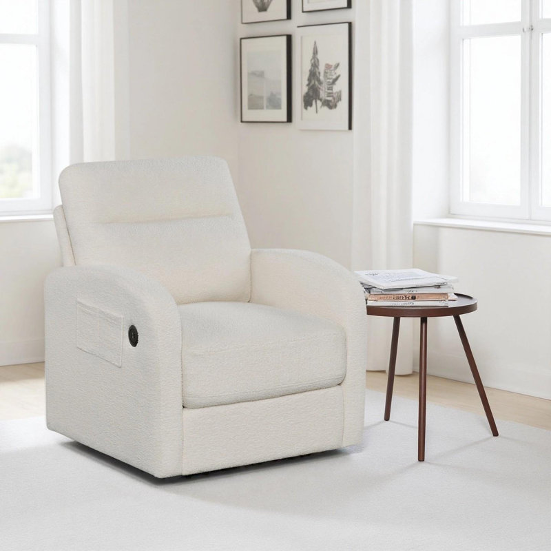 Swivel Bouclé Accent Chair With Usb Charging Port, Storage Base & Multi-Pocket Arm Design, Cream