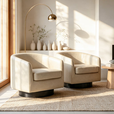 Frankie Upholstered Cream Faux Leather Swivel Barrel Chair with Solid Wood Base