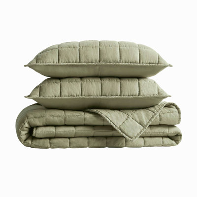 Ensemble de courtepointe matelassée en polyester 3 pièces, lin lavé, vert olive, grand lit/queen