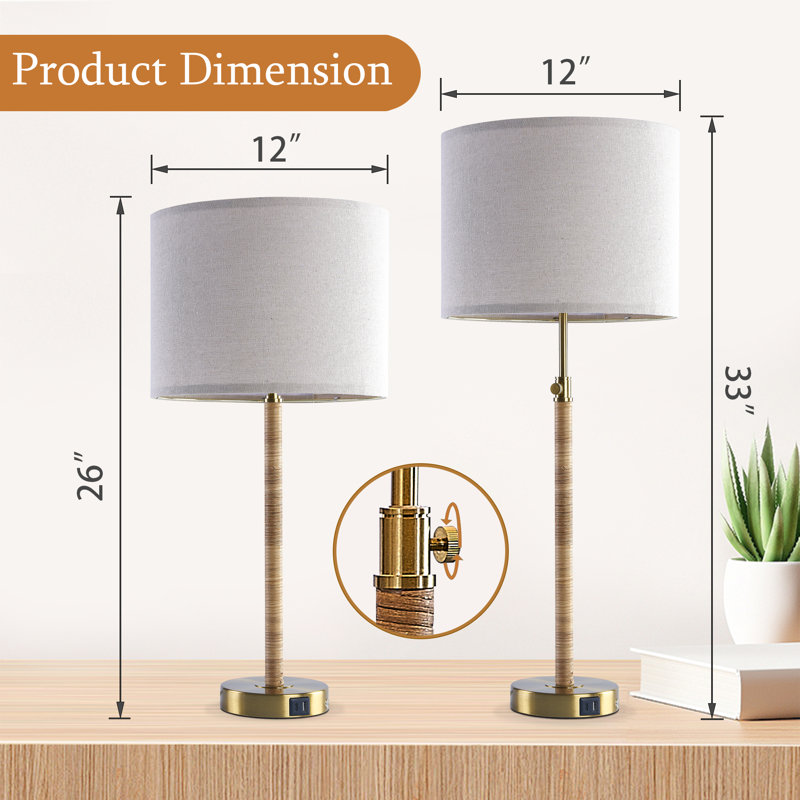 33 in. Brass Modern Farmhouse Metal Rattan For Bedroom/Living Room Bedside Desk Nightstand Tall Table Lamps With Oatmeal Linen Drum Shade And USB/TYPE-C Prot