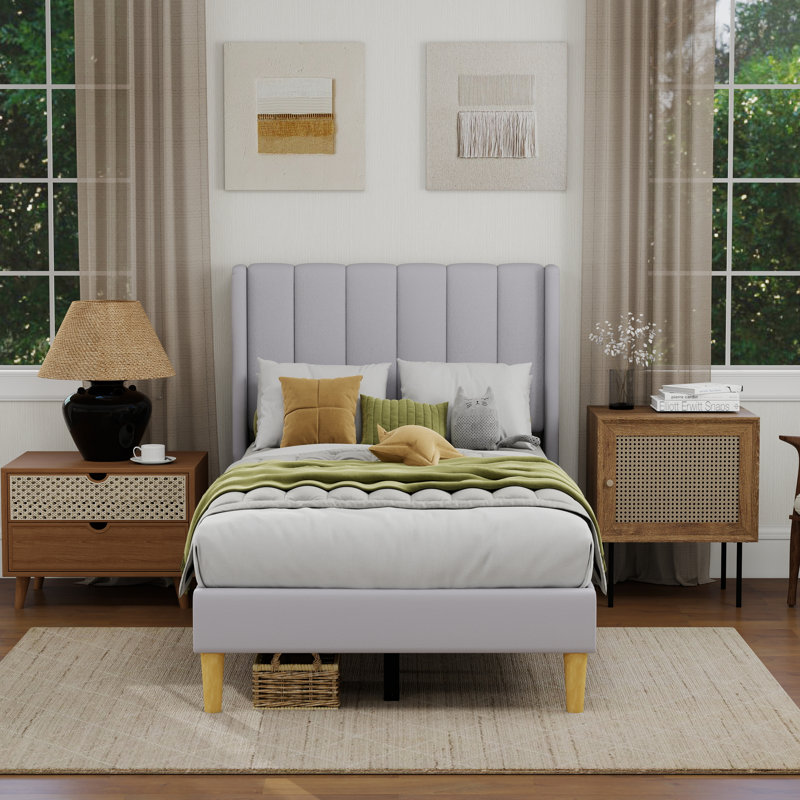 Sutter Upholstered Wingback Bed, Twin, Gray
