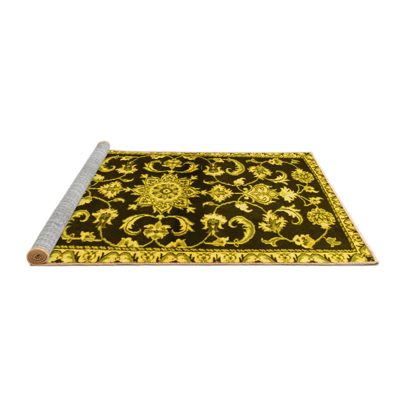 Tapis traditionnels jaunes lavables à la machine 1181, Rond 4 pi