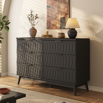 6 - Drawer Double Dresser, 47.2" W Fluted Design Wood Wide Chest Of Drawers