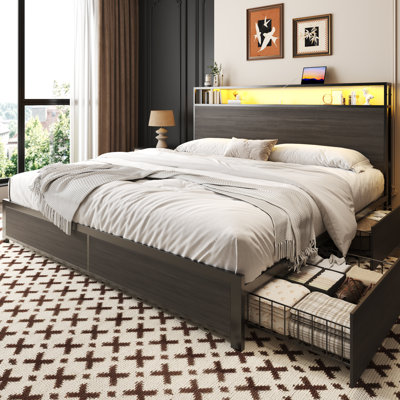 King Metal Platform Bed Frame with 2-Tier Storage Headboard,4 Storage Drawers, Built in Charging Station & LED, Noise-Free/No Box Spring Needed, Grey