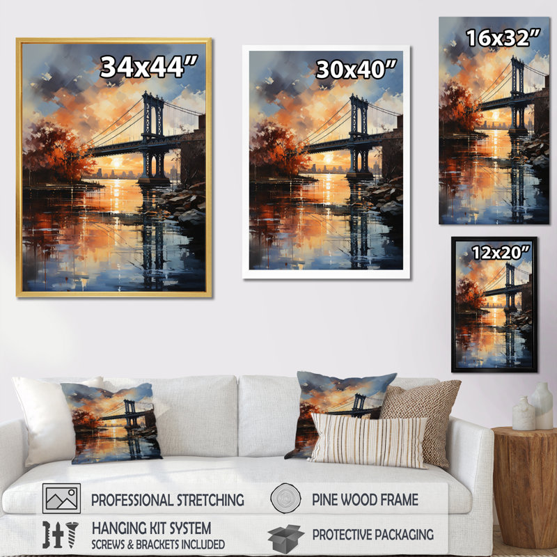 Pont Darbi New York Bronx sur toile, H 20 po x l 12 po x P 1 po, Cadre flottant doré