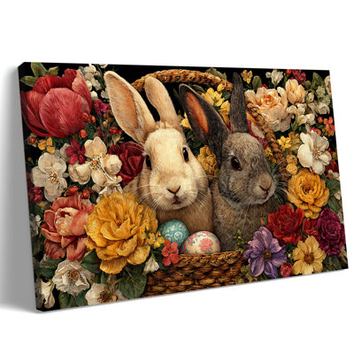 GUTTATY, motif de lapin de Pâques, impression sur toile de lapin, fleurs printanières, peinture de Pâques rétro, œuvre d'art pour le salon, 12 po x 16 po