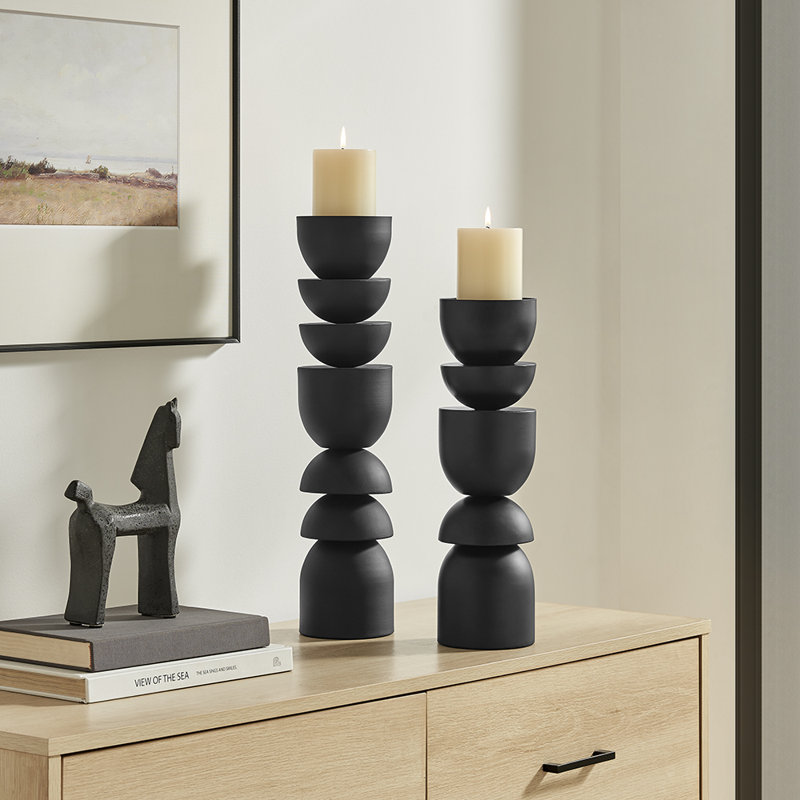 Porte-bougie en métal noir empilé sculpté - ensemble de 2