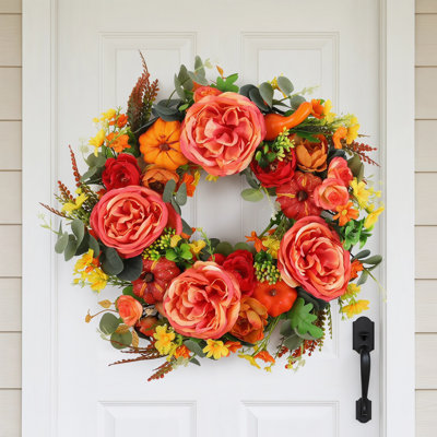 Couronne de citrouille d'automne 45cm, couronne d'automne avec feuilles d'eucalyptus ornement maison de campagne rustique