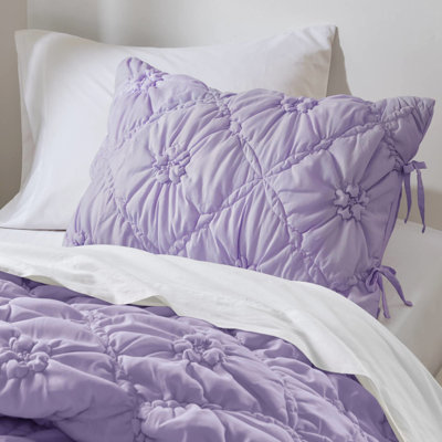 2Pcs Twin Comforter In Purple Floral, With Pretty Quilting, Cozy Puffy Look, All - Season Use, Floral With Relaxed Embroidery, Elastic Ruching, Lightweight Warmth, Safe For Seasons