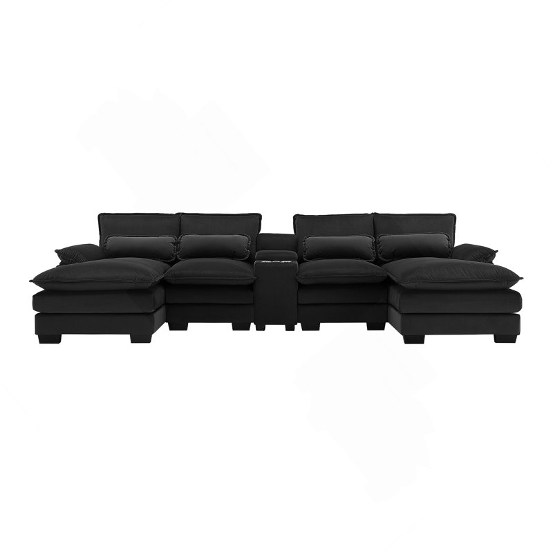 Canapé en U 123 * 55 "moderne avec console, porte-gobelets, Chenille noir
