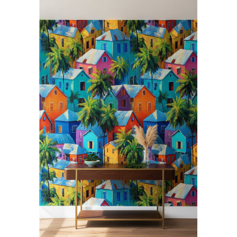 Murales tropicales avec papier peint maisons colorées