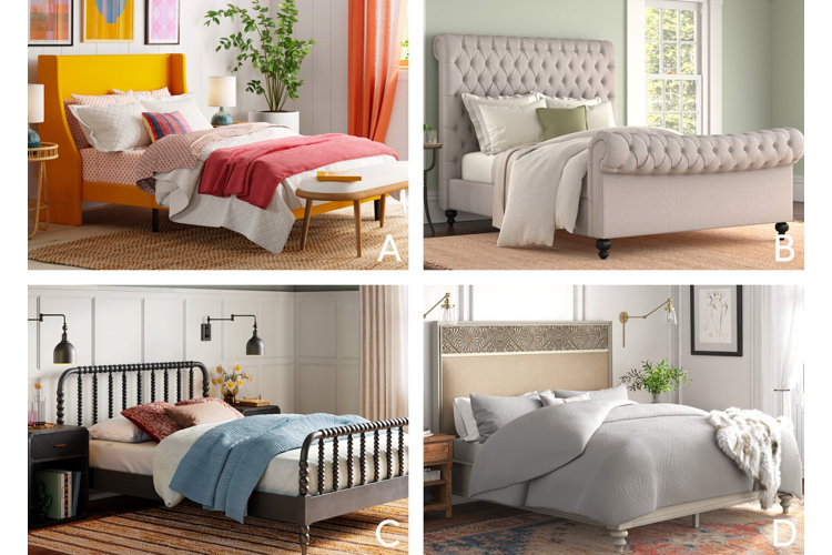 Collage of modern, traditional, farmhouse, and boho-style beds.