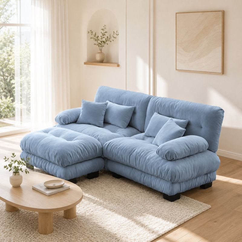 Canapé Cloud 2 places en chenille bleue douce avec pouf et coussins moelleux pour se détendre, 2 places + 1 repose-pieds