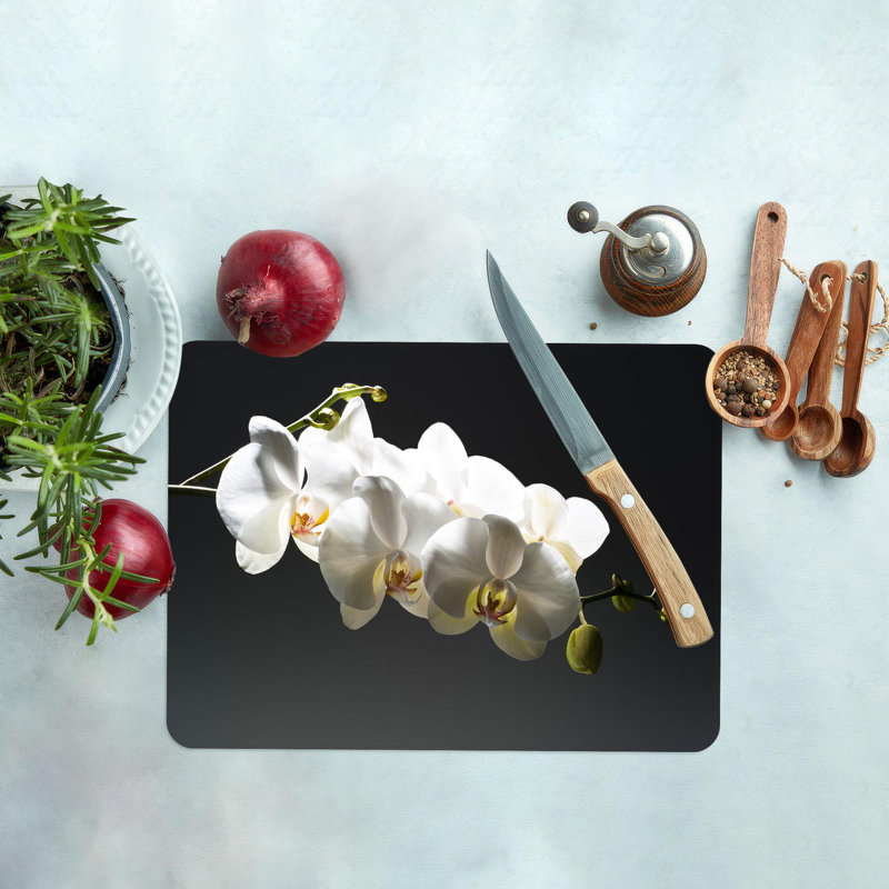 Orchid-Design Glass Cutting Board with Botanical Theme Perfect for Serving and Kitchenware Needs, 11" x 15"