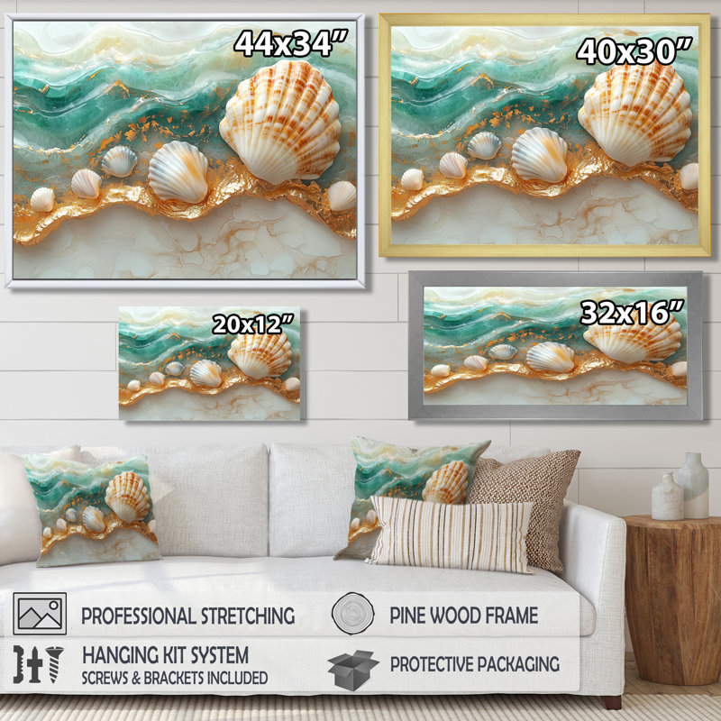 Coquillage et sable émeraude I - art mural bord de mer, H 30 po x l 40 po, Noir, Cadre flottant