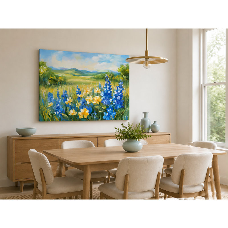 «Blue and Yellow Wildflowers in Sunny Meadow», art mural sur toile tendue, H 30 po x l 40 po