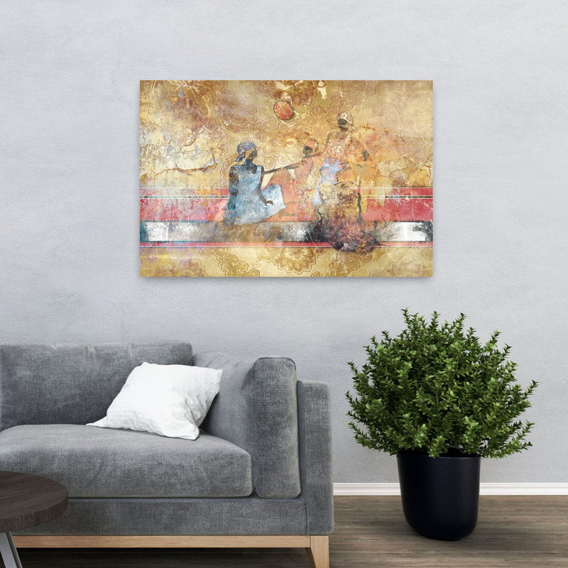 Femmes d'Afrique, art mural traditionnel rétro abstrait, 32" H x 48" W