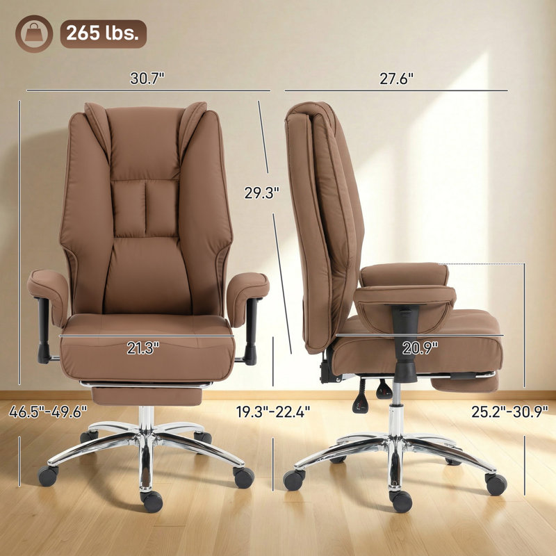 Ergonomic Executive Office Chair with Foot Rest, Reclining Swivel Computer Desk Chair with Adjustable Armrests, Spring Seat, High Back, Thick Cushion, Pet Friendly Faux Leather, Brown